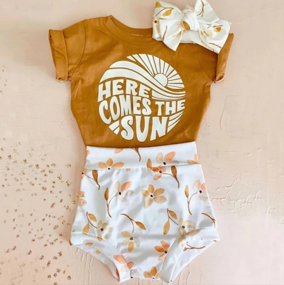 Kids Boho Orange Tee Floral High Waist Shorts Summer Set Baby Girl Outfit 6-9M